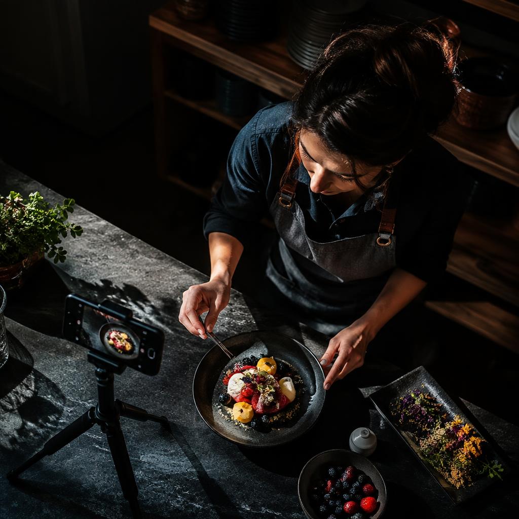 A café owner filming a dessert being plated